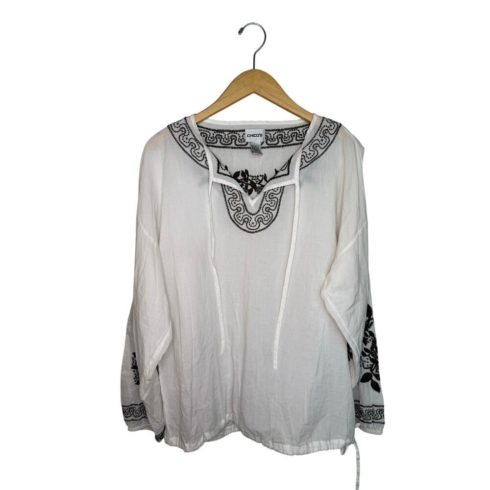 Chico’s Embroidered Peasant Tunic Top Women’s Size 2 L 12 White Brown Pullover